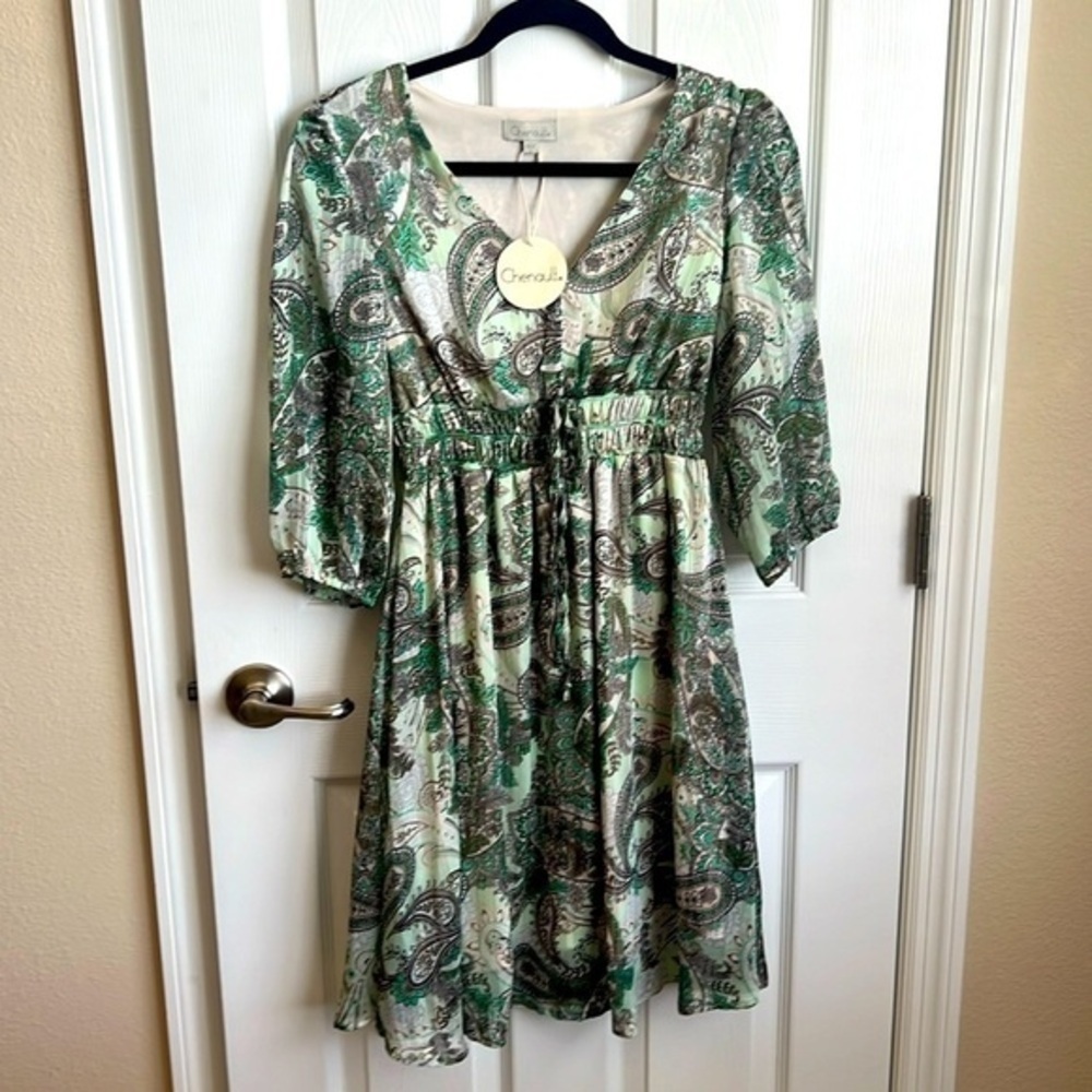 NWT Chenault Paisley Dress‎ Green Midi 3/4 Sleeve Drawstring Waist Size S